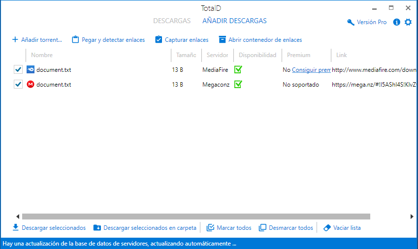 Pegar y detectar enlaces de descarga directa en TotalD